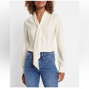 Express Relaxed Satin Long Sleeve Tie Neck Portofino Shirt